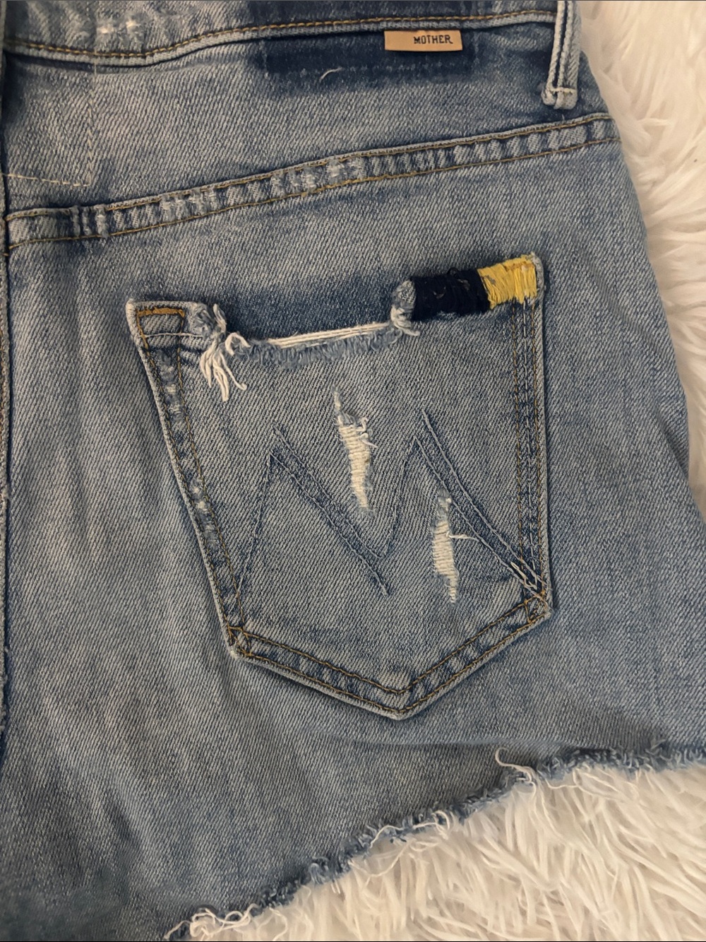 MOTHER Light Blue Denim Cutoff Shorts with Colorful Pocket Embroidery - Picture 8 of 13